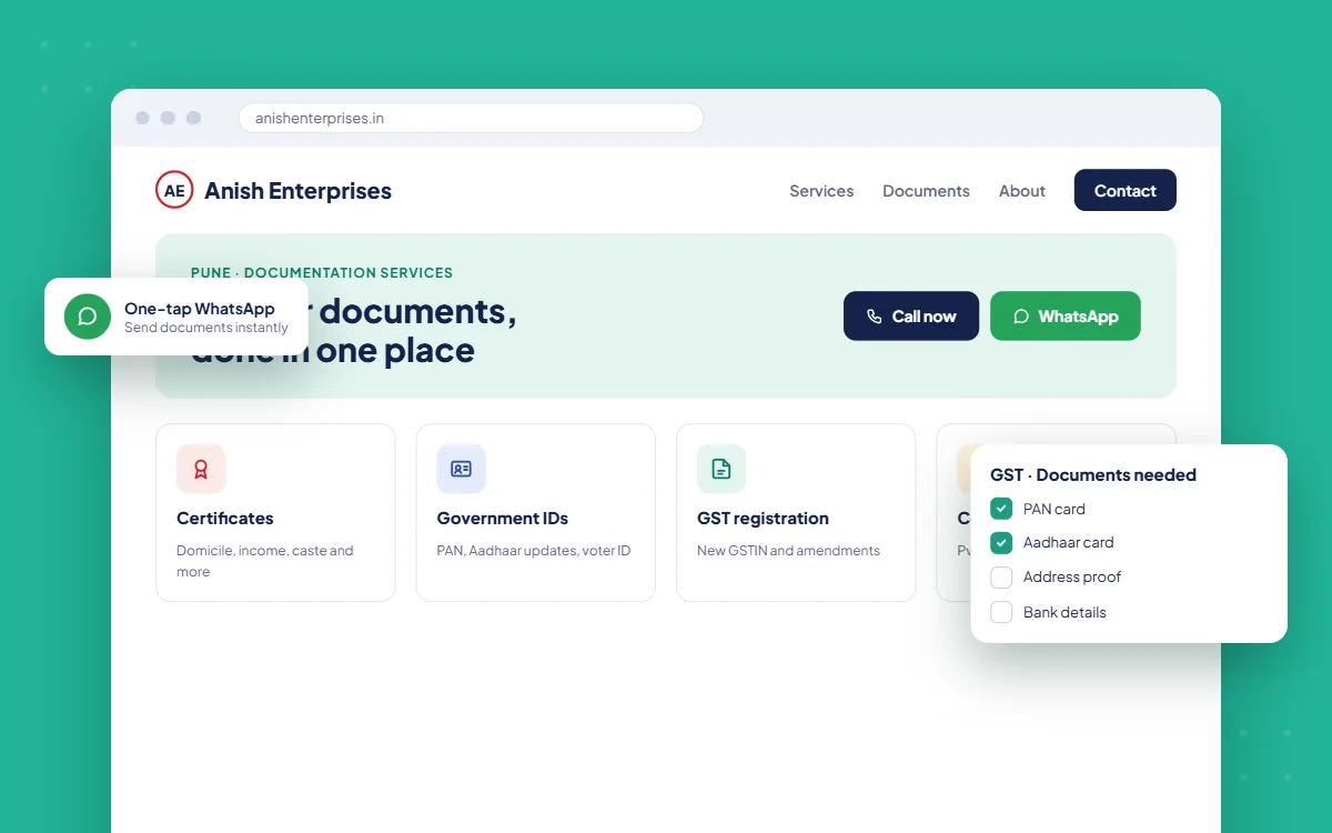 Anish Enterprises website by FAcode: documentation services with document checklists and WhatsApp enquiries