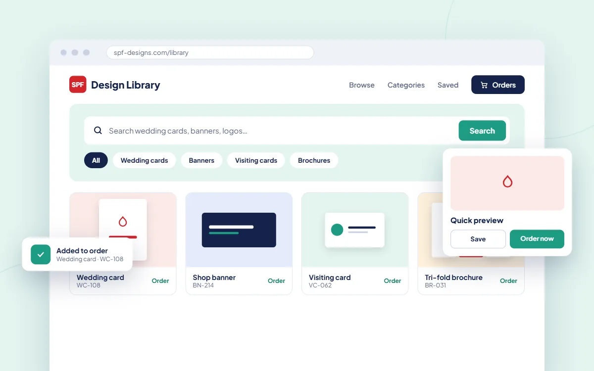 SPF Design Library by FAcode: searchable design catalogue with quick preview and ordering
